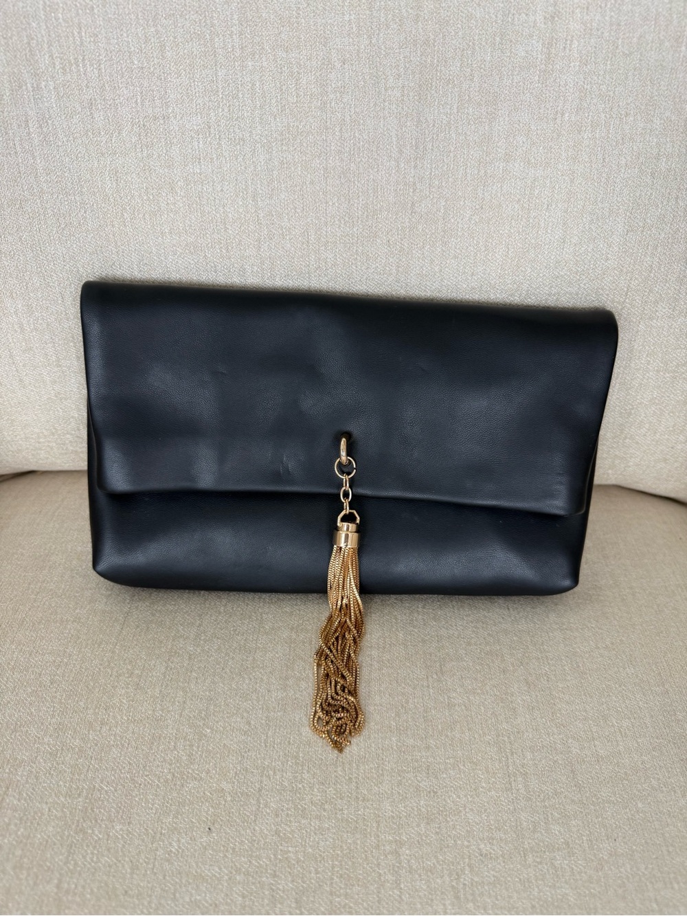 Black Vegan Leather Foldover Clutch / Crossbody Bag with Gold Tassel